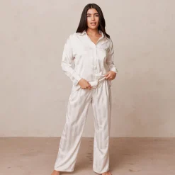 Lounge Underwear Pyjamastoppar<Striped Satin Pyjamaskjorta - Pärlfärgad