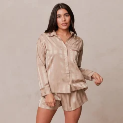 Lounge Underwear Pyjamasset | Pyjamastoppar<Striped Satin Pyjamaskjorta - Mink